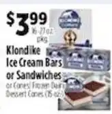 Pioneer Supermarkets Klondike Ice Cream Bars or Sandwiches or Cones! Frozen Dairy Dessert Cones offer