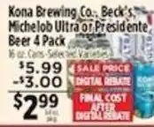 Pioneer Supermarkets Kona Brewing Co. Beck's Michelob Ultra or Presidente Beer offer