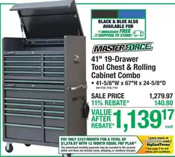 Menards Masterforce 19-Drawer Tool Chest & Rolling Cabinet Combo offer