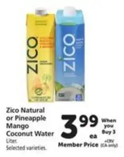 Vons Zico Natural or Pineapple Mango Coconut Water offer