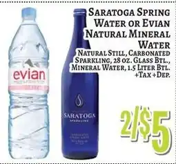 Trade Fair Supermarket Saratoga Spring Water or Evian Natural Mineral Water offer