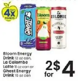Albertsons Bloom Energy Drink, La Colombe Latte or Ghost Energy Drink offer