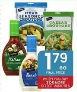 Albertsons Italian dressing, Ranch dressing, Herb Seasoned Croutons, Caesar Croutons offer