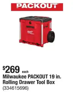 The Home Depot Milwaukee packout 19 in. rolling drawer tool box offer