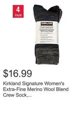 Costco Kirkland Signature Women's Extra-Fine Merino Wool Blend Crew Sock, 4-pair offer