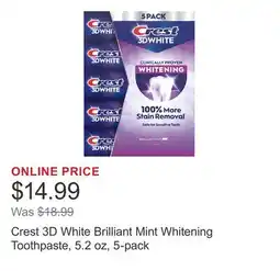 Costco Crest 3D White Brilliant Mint Whitening Toothpaste, 5.2 oz, 5-pack offer