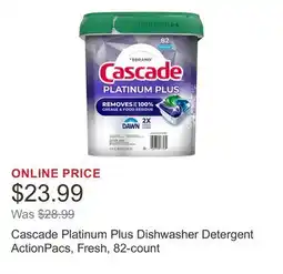 Costco Cascade Platinum Plus Dishwasher Detergent ActionPacs, Fresh, 82-count offer