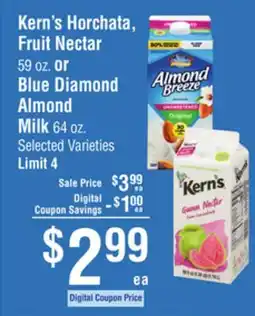 Smart & Final Kern's Horchata, Fruit Nectar 59 OZ. or Blue Diamond Almond Milk 64 OZ offer