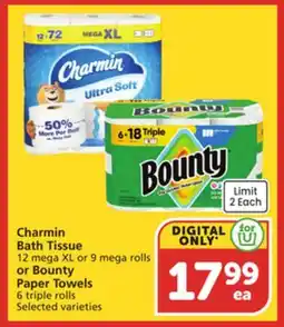 Vons Charmin Bath Tissue 12 mega XL or 9 mega rolls or Bounty Paper Towels 6 triple rolls offer