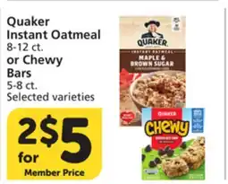 Vons Quaker Instant Oatmeal 8-12 ct. or Chewy Bars 5-8 ct offer