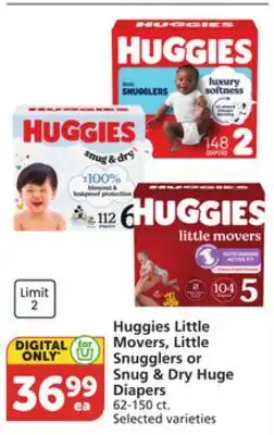 Vons Huggies Little Movers, Little Snugglers or Snug & Dry Huge Diapers offer