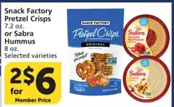 Vons Snack Factory Pretzel Crisps 7.2 oz. or Sabra Hummus 8 oz offer