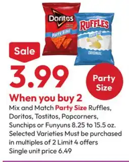 Stater Bros Party Size Ruffles, Doritos, Tostitos, Popcorners, Sunchips or Funyuns offer