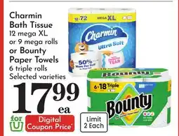 Pavilions Charmin Bath Tissue 12 mega XL or 9 mega rolls or Bounty Paper Towels 6 triple rolls offer
