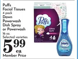 Pavilions Puffs Facial Tissues 4 pack, Dawn Powerwash Dish Spray or Powerwash 16 oz offer