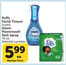 Albertsons Puffs Facial Tissues 4 pack Dawn Powerwash Dish Spray 16 oz offer