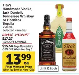 Albertsons Tito's Handmade Vodka, Jack Daniel's Tennessee Whiskey or Hornitos Tequila offer
