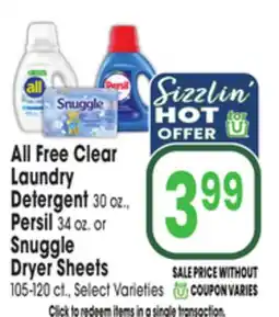 Jewel-Osco All Free Clear Laundry Detergent 30 oz., Persil 34 oz. or Snuggle Dryer Sheets 105-120 ct offer