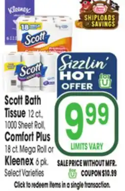 Jewel-Osco Scott Bath Tissue 12 ct., 1000 Sheet Roll, Comfort Plus 18 ct. Mega Roll or Kleenex 6 pk offer