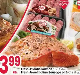 Jewel-Osco Fresh Atlantic Salmon 6 oz. Portion Fresh Jewel Italian Sausage or Brats 19 oz offer