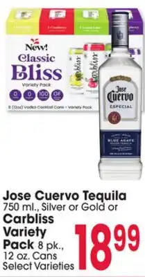 Jewel-Osco Jose Cuervo Tequila 750 ml., Silver or Gold or Carbliss Variety Pack 8 pk., 12 oz. Cans offer