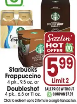 Jewel-Osco Starbucks Frappuccino 4 pk., 9.5 oz. or Doubleshot 4 pk., 6.5 or 11 oz offer