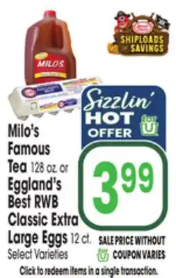 Jewel-Osco Milo's Famous Tea, 128 oz. or Eggland's Best RWB Classic Extra Large Eggs, 12 ct offer