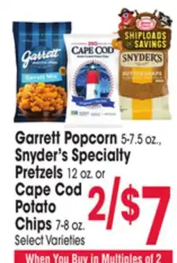 Jewel-Osco Garrett Popcorn 5-7.5 oz., Snyder's Specialty Pretzels 12 oz. or Cape Cod Potato Chips 7-8 oz offer
