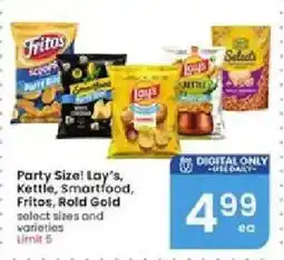 Albertsons Party Size Lay's, Kettle, Smartfood, Fritos, Rold Gold select sizes and varieties offer