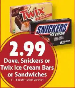 Festival Foods Dove, Snickers or Twix Ice Cream Bars or Sandwiches offer