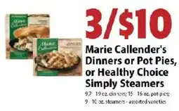 Festival Foods Marie Callender's Dinners or Pot Pies, or Healthy Choice Simply Steamers offer