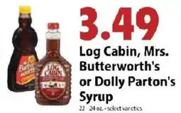 Festival Foods Log Cabin, Mrs. Butterworth's or Dolly Parton's Syrup offer