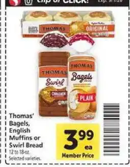 Safeway Thomas’ Bagels, English Muffins or Swirl Bread offer