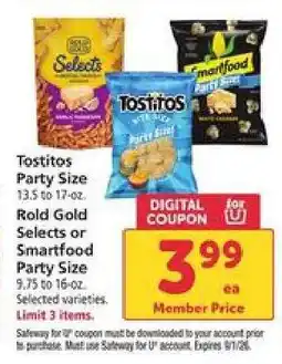 Safeway Tostitos Party Size, Rold Gold Selects or Smartfood Party Size offer