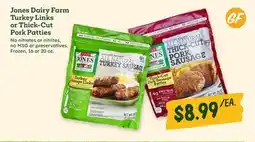Sprouts Farmers Market Jones Dairy Farm Turkey Links or Thick-Cut Pork Patties offer