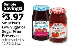 Fareway Smucker's Low Sugar or Sugar Free Preserves offer