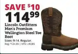 Rural King Lincoln Outfitters men's premium wellington steel toe boot offer