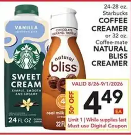 Pete's Fresh Market Starbucks sweet cream coffee creamer or coffee-mate natural bliss creamer offer
