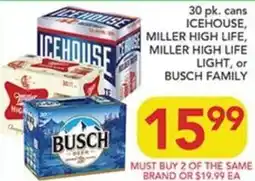 Pete's Fresh Market Icehouse, Miller High Life, Miller High Life Light, or Busch Family offer