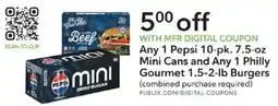Publix Pepsi mini cans and philly gourmet burgers offer