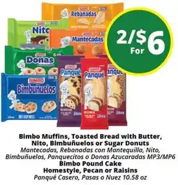 Rancho Markets Bimbo Muffins, Toasted Bread with Butter, Nito, Bimbuñuelos or Sugar Donuts offer