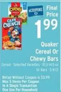 Brookshire's Quaker Cereal Or Chewy Bars offer
