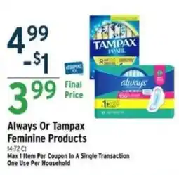 Brookshire's Always Or Tampax Feminine Products offer