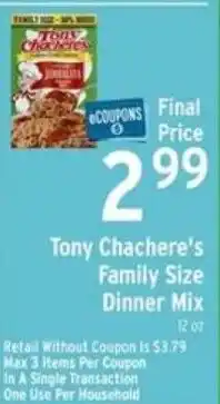 Brookshire's Tony Chachere's Family Size Dinner Mix offer