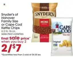 Giant Eagle Snyder's of Hanover Family Size or Cape Cod Kettle Chips offer