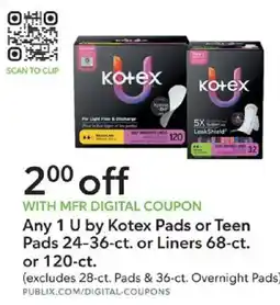 Publix U by Kotex Pads or Teen Pads or Liners offer