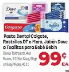 Supermercado El Rancho Colgate toothpaste, marx razors, dove soap or bebe wipes offer