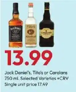Stater Bros Jack Daniel's, Tito's or Carolans offer