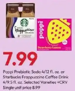 Stater Bros Poppi Prebiotic Soda or Starbucks Frappuccino Coffee Drink offer