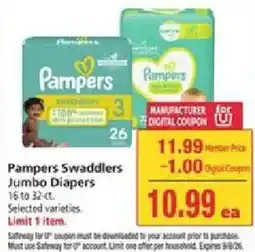 Safeway Pampers Swaddlers Jumbo Diapers offer